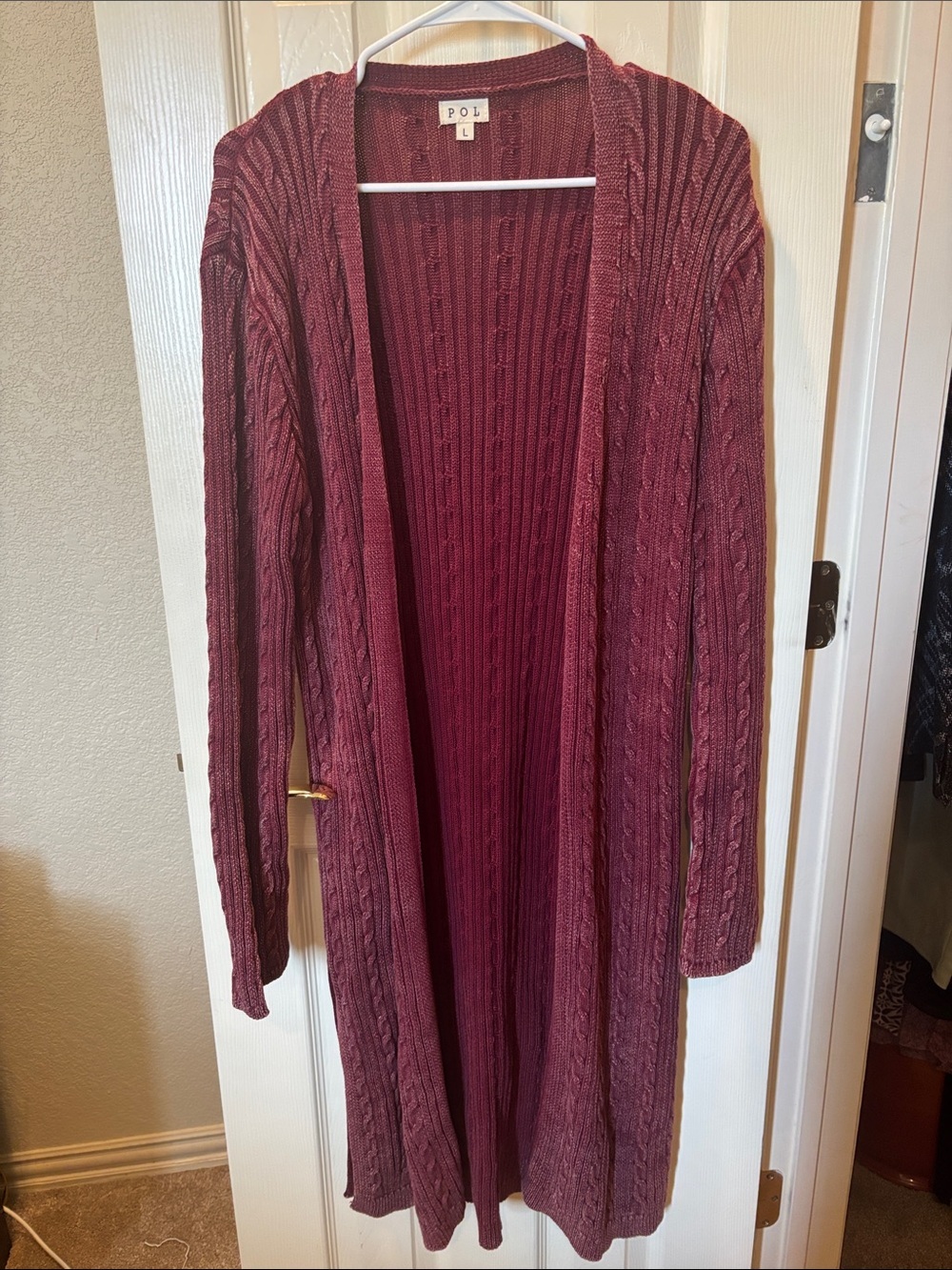 POL Clothing Women's Open Front Cable Knit Duster Cardigan Sweater Mauve Size L